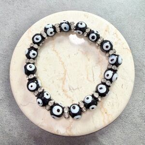 Evil Eye Bracelet Stretch Black And White Glass Bead With Rhinestone Protection